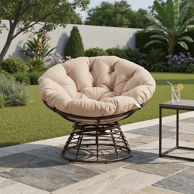 Cushion Papasan Swivel Chair, Ergonomic Wicker Round Chair with Thick Padding, Oversized Swivel Wicker Accent Chairs for Living Room, Bedroom, Reading Room, Balcony, Brown Frame, Beige