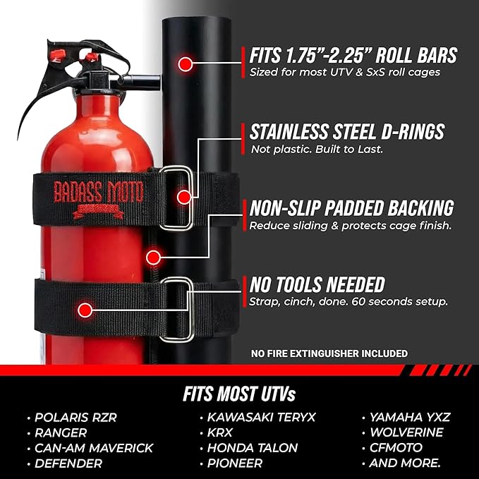 Badass Moto Fire Extinguisher Mount for UTV - Roll Cage Holder, Fits Polaris RZR, Can-Am, Kawasaki, Honda, Yamaha, 1.75"–2.25" Bars, Stainless D-Rings, No Drill, Offroad - UTV/SxS, Black