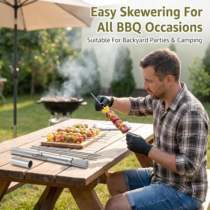 50 Pack 13.5 Inch Stainless Steel BBQ Skewers | Reusable Round Metal Skewers,Rustproof Food Safe Material with Storage Sube, for Meat Seafood Vegetables Kabobs