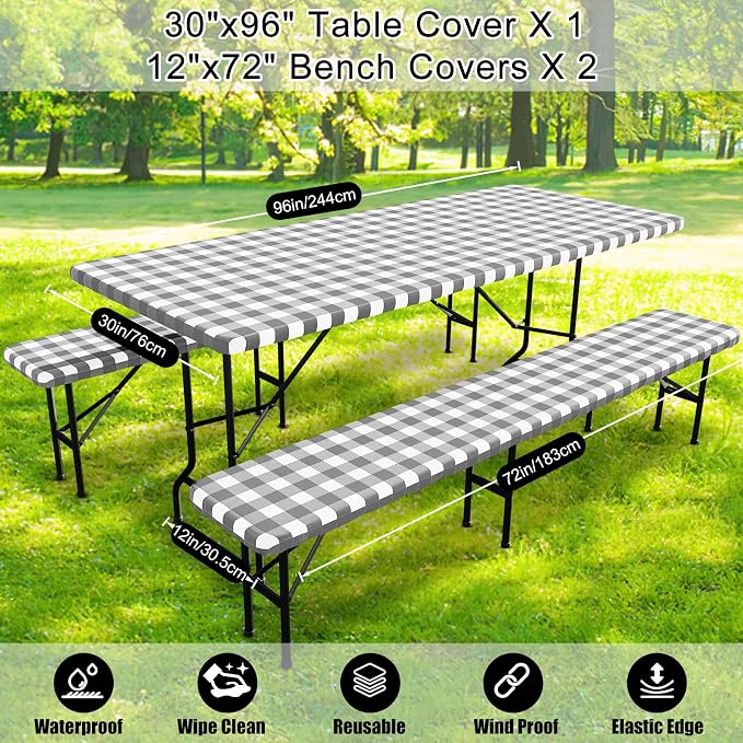 Smiry Picnic Table Cover with Bench Covers, Waterproof Elastic Fitted Tablecloths for 8 Foot Rectangle Tables, Washable Buffalo Plaid Tablecloth for Camping, Outdoor (Grey & White, 30"x96")