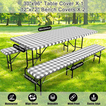 Smiry Picnic Table Cover with Bench Covers, Waterproof Elastic Fitted Tablecloths for 8 Foot Rectangle Tables, Washable Buffalo Plaid Tablecloth for Camping, Outdoor (Grey & White, 30"x96")
