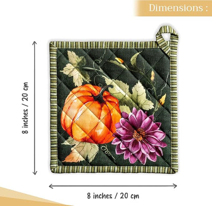 Maison d' Hermine Pot Holders 100% Cotton Potholders (8" x 8", Pack of 1) | Heat Resistant Hot Pads with Loop BBQ Cooking Kitchen Handling Hot Pans Thanksgiving Christmas - Pumpkin Garden - Dark Green