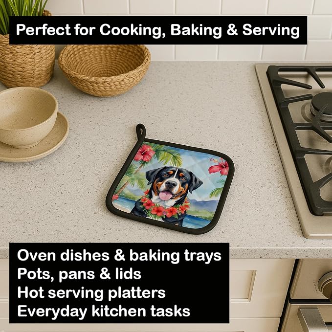 Caroline's Treasures Greater Swiss Mountain Dog Luau Pair of Pot Holders Kitchen Heat Resistant Pot Holders Sets Oven Hot Pads for Cooking Baking BBQ, 7 1/2 x 7 1/2