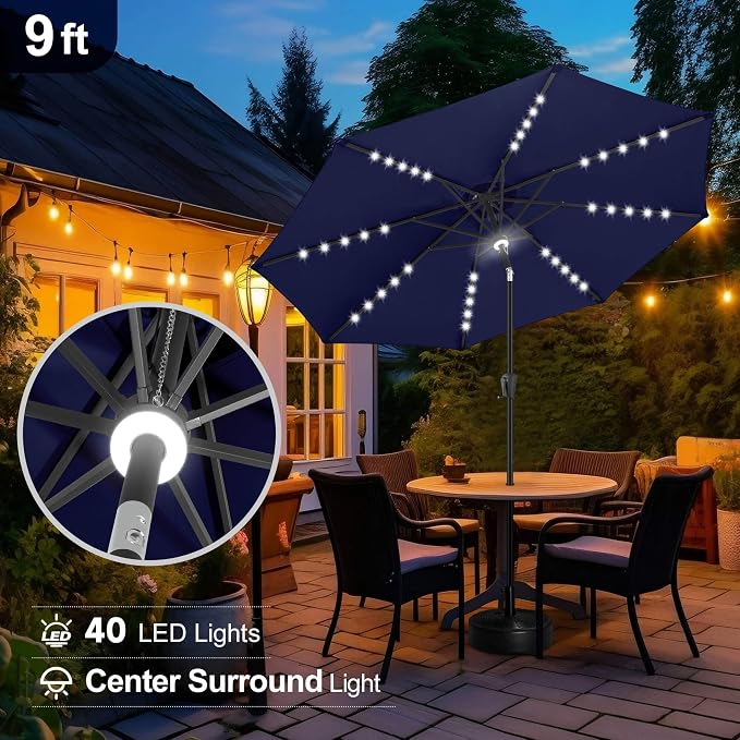 FLAME&SHADE Solar Patio Umbrella with a Centre Light, 9 FT Navy Blue | 40 LED Lights, UV Protection, Waterproof, Porch Deck Outdoor Umbrella for Pool, Backyard, Garden, Provides Evening Lighting