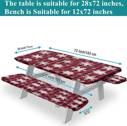 Christmas Picnic Table Cover with Bench Covers, Snowflakes On Buffalo Plaid Background Print Fitted Tablecloth and Seats Cover, 3 Pieces Set, for Travel Spring Picnics Parties Outdoor Use, Black Red