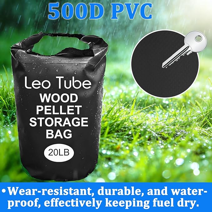 Heavy-Duty Wood Pellet Storage Bag, 20LB Waterproof Smoker Bag - 500D PVC Outdoor Storage Container with Buckle Seal, Label Pocket & Handles for BBQ, Grill, Pellet Smoker (Black)
