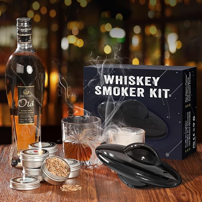 Electric Whiskey Smoker Kit, Cocktail Smoker Kit Built-in Lighter with 6 Wood Chips, No Butane Needed Whisky Smoker Kit, Rechargeable Drink Smoker kit, Birthday Gift for Men, Dad, Husband, Boyfriend