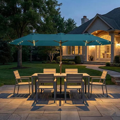 Kingdura 15ft Large Patio Umbrella with Solar Lights, Double-Sided Rectangle Outdoor Table Umbrella with Base Included, 12 Reinforced Ribs, 48 Led Lights, Crank Lift for Market Pool Deck, Lake blue