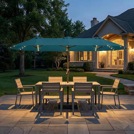 Kingdura 15ft Large Patio Umbrella with Solar Lights, Double-Sided Rectangle Outdoor Table Umbrella with Base Included, 12 Reinforced Ribs, 48 Led Lights, Crank Lift for Market Pool Deck, Lake blue