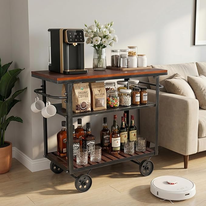 Vintage Rolling Bar Cart on Wheels Industrial Mobile Serving Cart Metal and Wood Design for Kitchen Bar Office Coffee House 36.2" Lx15.75 Wx30.5 H 3 Tier with 2 Side Handle