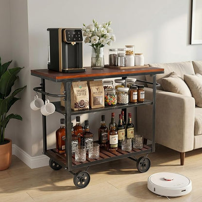 Vintage Rolling Bar Cart on Wheels Industrial Mobile Serving Cart Metal and Wood Design for Kitchen Bar Office Coffee House 36.2" Lx15.75 Wx30.5 H 3 Tier with 2 Side Handle