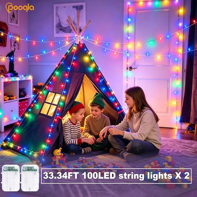 Pooqla 2 Pack Color Changing String Lights Battery Operated, Total 66.6ft 200 LED 34 Colors Battery Christmas Lights with Remote Indoor Outdoor Decorations Bedroom Classroom Porch Party Yard Decor
