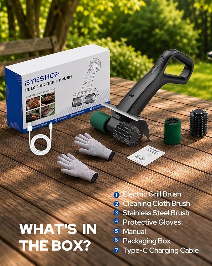 Cordless Electric Grill Brush, BBQ Grill Cleaner with 800RPM High-Speed Motor, 25kgf High Torque, 3500mAh Rechargeable Battery, 180-Min Runtime, 2 Replaceable Brush Heads, LED Light & Scraper