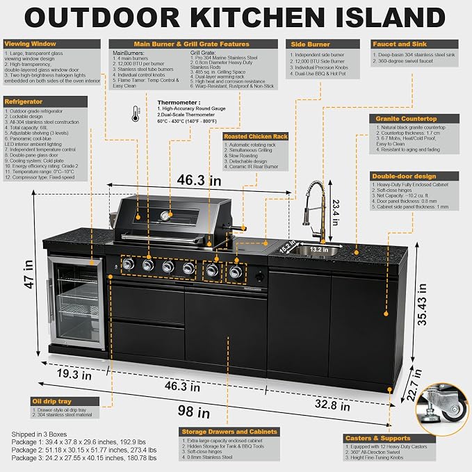 98" 4-Burner Modular Outdoor Kitchen Island, 72000 BTU Propane Gas Grill | 4 Burners & Side Stove, Rear Infrared, Granite Countertop, Fridge, 360°Faucet,304 Sink, Rotisserie, Storage Cabinet