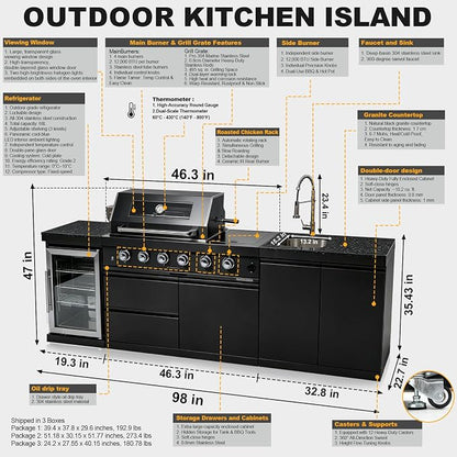 98" 4-Burner Modular Outdoor Kitchen Island, 72000 BTU Propane Gas Grill | 4 Burners & Side Stove, Rear Infrared, Granite Countertop, Fridge, 360°Faucet,304 Sink, Rotisserie, Storage Cabinet