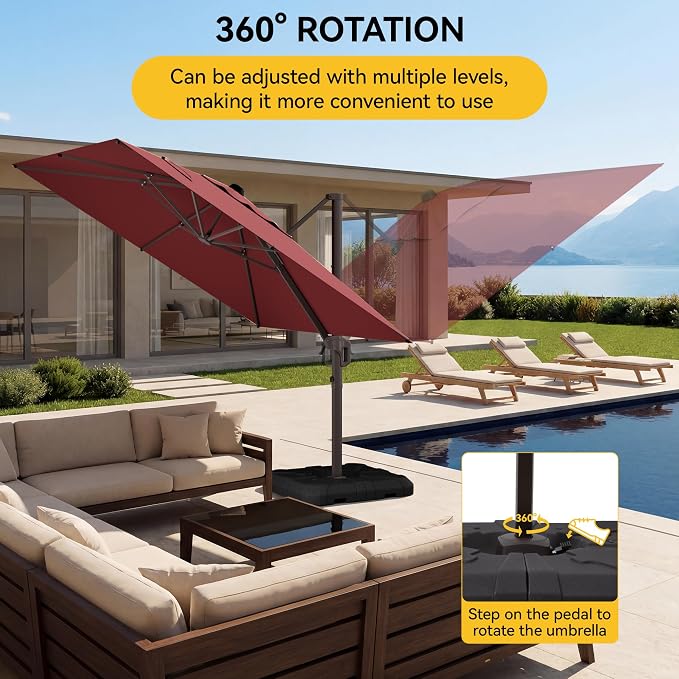 10x10FT Cantilever Outdoor Umbrella, 360° Rotating Large Offset Square Patio Umbrella, Ideal for Garden Backyard Deck Courtyard, Red