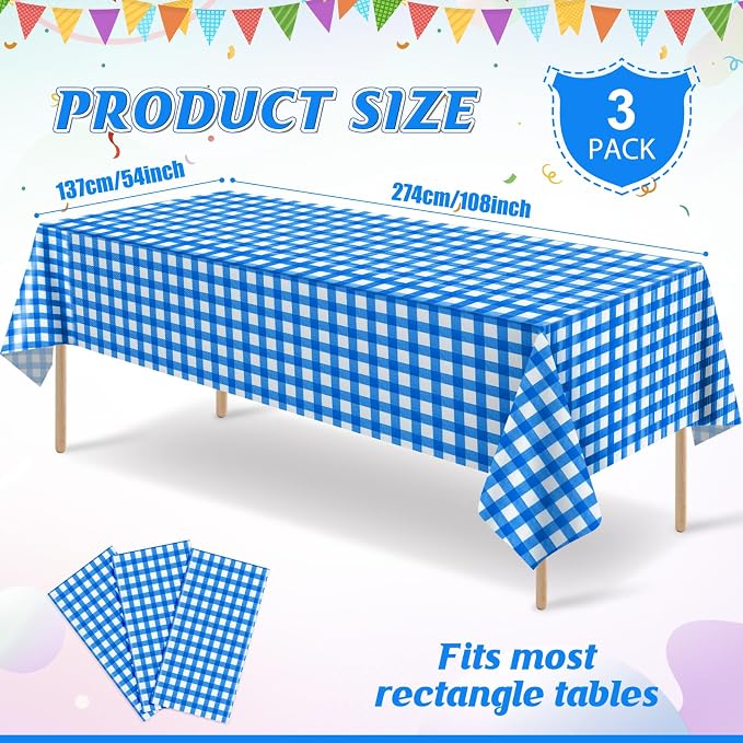 3Pcs Blue Gingham Tablecloths, Checkered Party Table Covers 54x108 In | Disposable Plastic Blue Checkered Tablecloth Buffalo Plaid Table Cover for Baby Shower Bridal Wedding Birthday Party