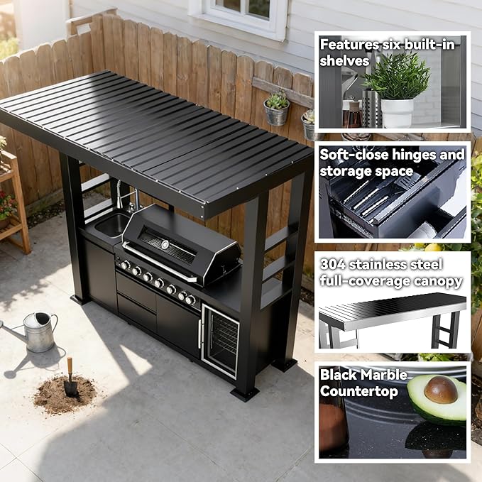 94-Inch 6-Burner 85000 BTU Propane Gas Grill Island with Shed, 304 Stainless Steel Black, Outdoor Kitchen with Wine Cooler, Rotisserie, Granite Countertops & Storage, For Backyard BBQ, Black