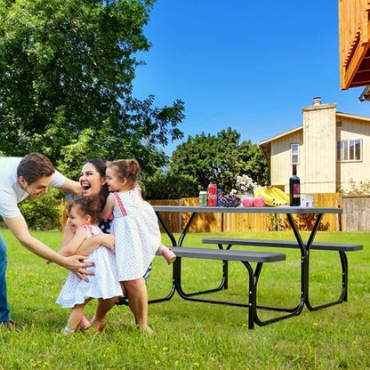 GYMAX Picnic Table, Picnic Bench Easy to Assemble w/All Weather Wood Grain Tabletop & Metal Frame, Picnic Tables for Outdoors Camping Backyard Deck Patio Poolside Dining Party