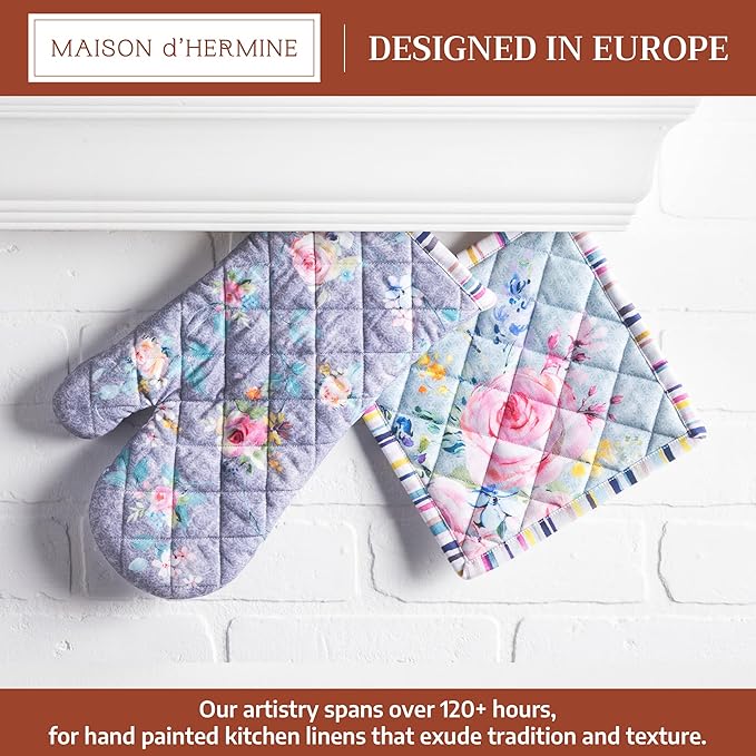 Maison d' Hermine 100% Cotton Oven Mitt & Pot Holder Set (7.5"x13" & 8"x8") Heat Resistant BBQ Cooking Gloves with Loop Grilling Kitchen Hotel Home Farmhouse Spring Summer (Sweet Rose Lavender - Lush)