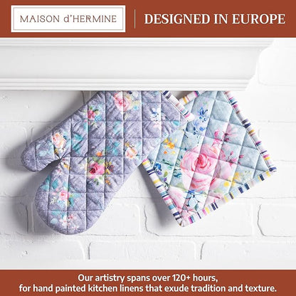 Maison d' Hermine 100% Cotton Oven Mitt & Pot Holder Set (7.5"x13" & 8"x8") Heat Resistant BBQ Cooking Gloves with Loop Grilling Kitchen Hotel Home Farmhouse Spring Summer (Sweet Rose Lavender - Lush)