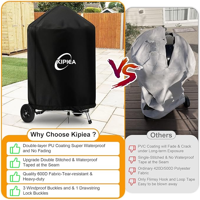 Kipiea 600D Grill Cover for Weber 22 Inch Charcoal Kettle, Heavy-Duty Oxford BBQ Grill Covers with 3 Buckles, Waterproof, Wind Resistant, Anti UV, No Tears (28" W X 28" D X 35.5" H)
