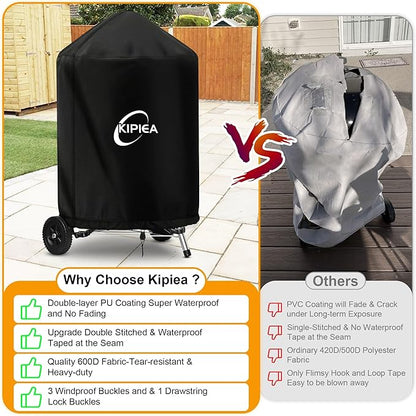 Kipiea 600D Grill Cover for Weber 22 Inch Charcoal Kettle, Heavy-Duty Oxford BBQ Grill Covers with 3 Buckles, Waterproof, Wind Resistant, Anti UV, No Tears (28" W X 28" D X 35.5" H)
