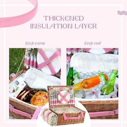 Wicker Picnic Basket Set for 4, Blanket, Cooler Bag, Pink Floral | Four-Person Wicker Set Includes Tableware, Insulated Food Storage and Waterproof Blanket for Parks, Camping, Dates and Gifts