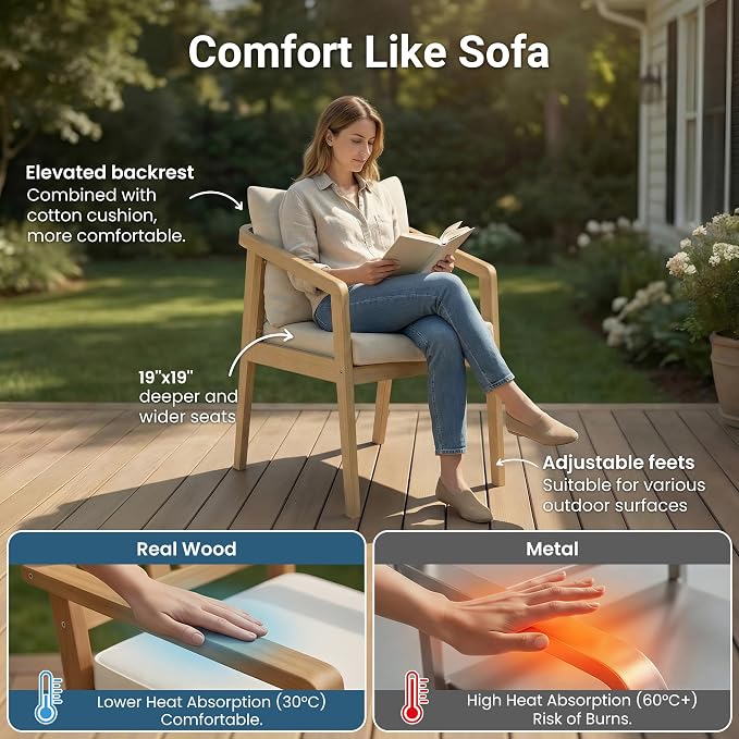 Wisteria Lane 5-Pieces Acacia Patio Table and Chairs Set for 4, Outdoor Dining Set with Round Table, Modern Patio Table Set with Cushion, Patio Furniture Set for Backyard Deck Garden Porch