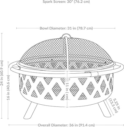 Sunnydaze Crossweave Outdoor Fire Pit - Wood-Burning Fire Pit for Outside with Spark Screen, Poker and Round Cover - 36-Inch - Black