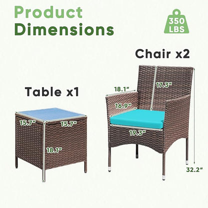 Greesum 3 Pieces Patio Dining PE Rattan Wicker Chair Furniture Set with Cushion and Glass Coffee Table for Outdoor Garden Backyard Poolside, Brown and Blue