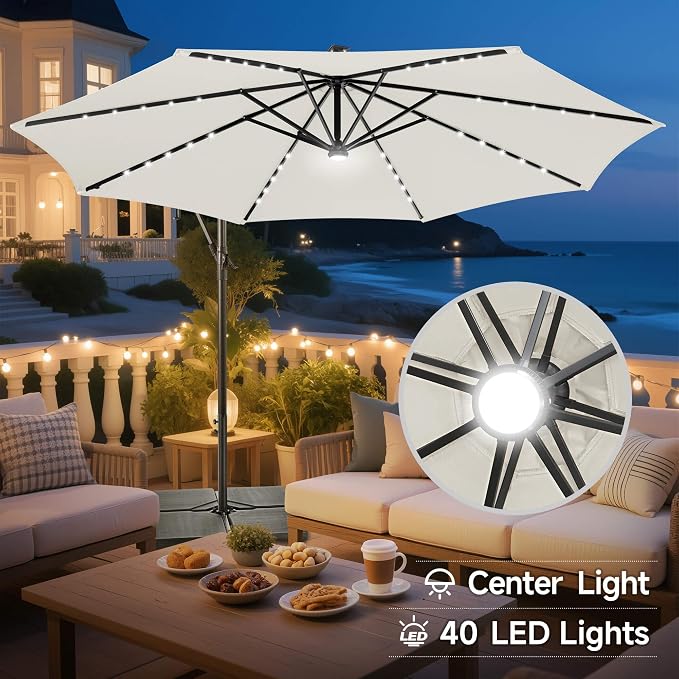 10 ft Solar Patio Umbrella Cantilever with Centre Light, Ivory | 40 LED Lights, UV Protection, Large Offset Patio Umbrella Outdoor for Garden, Deck, Backyard, Pool, Porch, Provides Shade