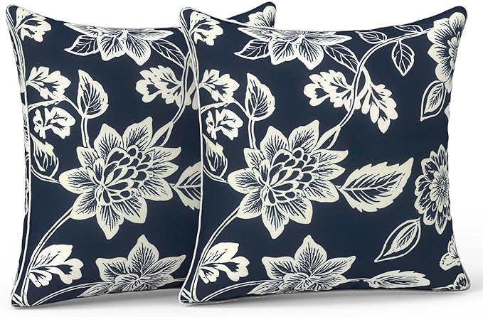 LVTXIII Set of 2 Patio Throw Pillows Covers Waterproof 20x20 Fade Resistant Outdoor Throw Pillow Case, Fluffy Decorative Garden Toss Pillow Covers for Home Patio Coach Sofa Use, Elegant Vines Navy