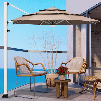 EliteShade USA APOLLO 3-Tier 11FT Full Aluminum Cantilever Patio Umbrella for Outdoor restaurant Garden Courtyard Deck Pool and Marketing with Light,Heather Beige