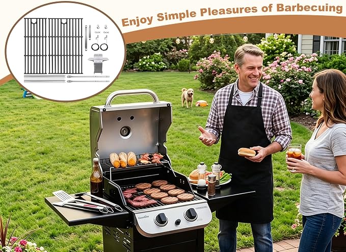 BBQ-PLUS Grill Replacement for Charbroil Performance 2-Burner 463630021 463654022 463655621 463660421, 17" Cast Iron Cooking Grates, Stainless Steel Heat Plates, Burner Tubes & Igniters Parts Kit
