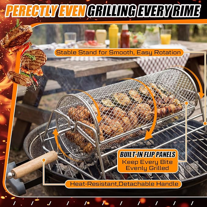 Gisafai Gifts for Dad Husband 2 Set Rolling Grill Baskets, 304 Stainless Steel, Removable Wooden Handle, Nesting Grilling Net BBQ Accessories Tools for Outdoor Camping Gifts