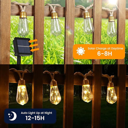 Solar String Lights, Solar Outdoor String Lights, 24FT Solar Powered Patio Lights with 20 Shatterproof Bulbs, Waterproof Vintage Rope Hemp & 8 Modes for Garden Fence Balcony Camping (Warm White)