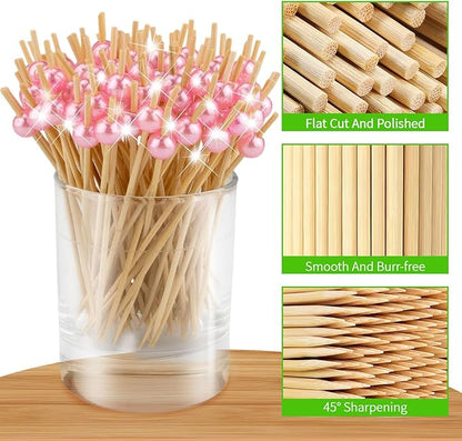 100 Pcs Cocktail Picks, Decorative Pink Pearl Toothpicks, for Holiday Valentines Day Theme Party Wooden Long Sticks Appetizers Fruits Drink Garnish Decorations Party Supplies (4.7 Inch)