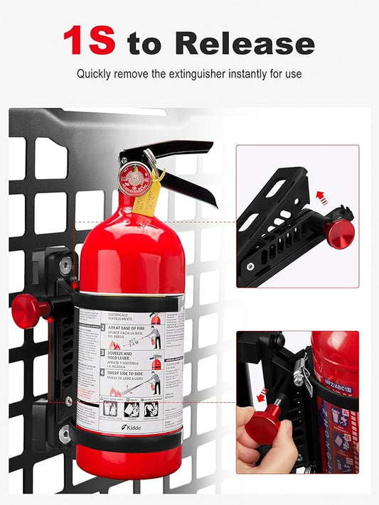 ZIDIYORUO MOLLE Panel Fire Extinguisher Mount Kit Fits 1"-2" Rigid MOLLE Panel Holes, Quick Release Car Fire Extinguisher Mount Holder with 4 Clamps for Vehicles MOLLE Panle Accessories