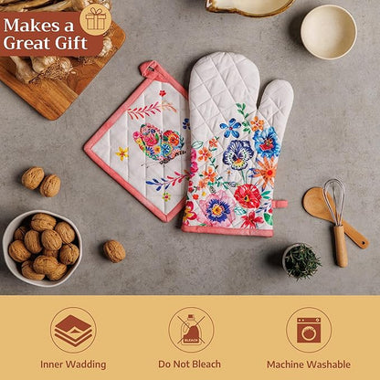 Maison d' Hermine Pot Holders 100% Cotton Heat Resistant Potholders 8" x 8" Hot Pads with Loop Baking Hotel Farmhouse Kitchen Handling Hot Pans Spring Summer (Pack of 1, Happy Florals - High Summer)