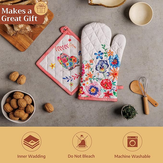 Maison d' Hermine 100% Cotton Oven Mitt & Pot Holder Set (7.5"x13" & 8"x8") Heat Resistant BBQ Cooking Gloves with Loop Baking Kitchen Hotel Home Farmhouse Spring Summer (Happy Florals - High Summer)