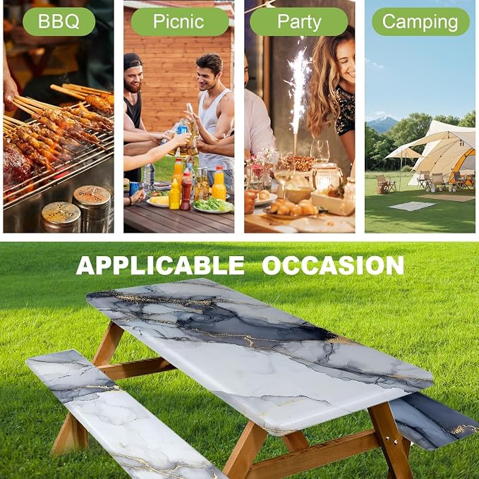 FOREVER QUEEN Picnic Table Cover with Bench Covers 72in,Waterproof Windproof Fitted Tablecloth,White Marble with Gold Veins Camping Essentials with Drawstring Bag for Patio,Park & Backyard