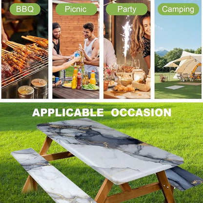 FOREVER QUEEN Picnic Table Cover with Bench Covers 72in,Waterproof Windproof Fitted Tablecloth,White Marble with Gold Veins Camping Essentials with Drawstring Bag for Patio,Park & Backyard