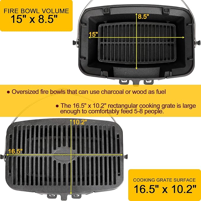 IRONMAX Large Hibachi Grill Outdoor, Portable Charcoal Grill and Tabletop Cast Iron Skillet, 100% Cast Iron, Durable, Camping Grill Grate 16.5" x 10.2" - Coal Door, Draft door