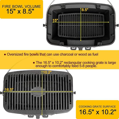 IRONMAX Large Hibachi Grill Outdoor, Portable Charcoal Grill and Tabletop Cast Iron Skillet, 100% Cast Iron, Durable, Camping Grill Grate 16.5" x 10.2" - Coal Door, Draft door