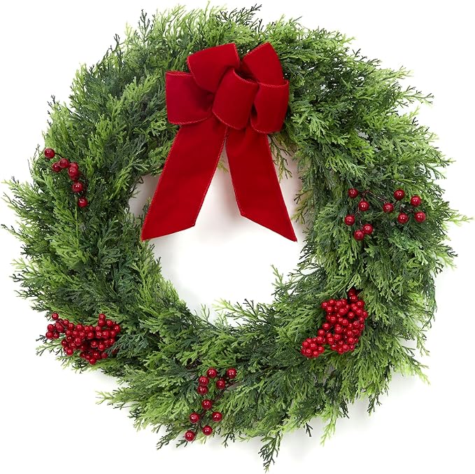 GarveeHome Christmas Wreaths for Front Door, 24 in Large Outdoor Christmas Wreath with Berries Velvet Bow, Winter Artificial Cypress Wreath Xmas Wreath for Indoor Window Wall Fireplace Holiday Decor