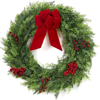 GarveeHome Christmas Wreaths for Front Door, 24 in Large Outdoor Christmas Wreath with Berries Velvet Bow, Winter Artificial Cypress Wreath Xmas Wreath for Indoor Window Wall Fireplace Holiday Decor