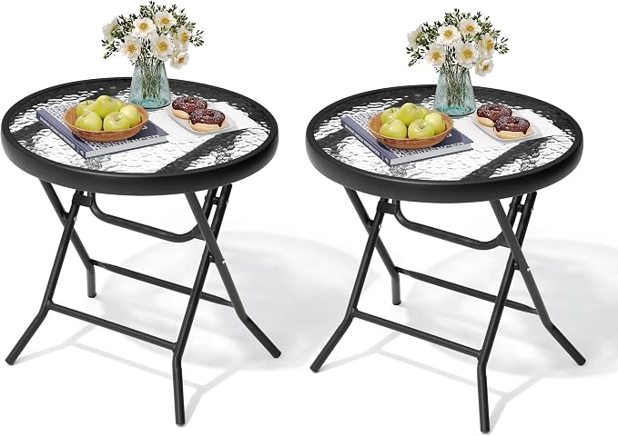 Foldable Side Table with Tempered Glass Top, 2 Pack Black & White | 18" Small Patio Side Tables Outdoor for Porch Yard Balcony Deck Lawn Garden