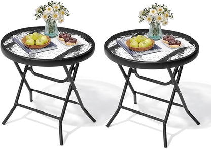 Foldable Side Table with Tempered Glass Top, 2 Pack Black & White | 18" Small Patio Side Tables Outdoor for Porch Yard Balcony Deck Lawn Garden