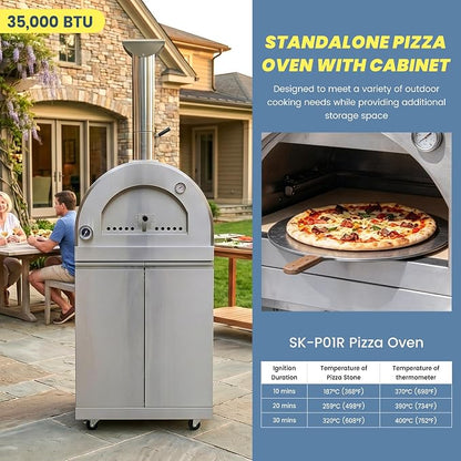 125 Inch Outdoor Kitchen Island, 108000 BTU Double Stainless Steel Propane Gas BBQ, Silver, with Pizza Oven, Wine Cooler, Refrigerator, Rotisserie, Granite Countertops & Storage Cabinets